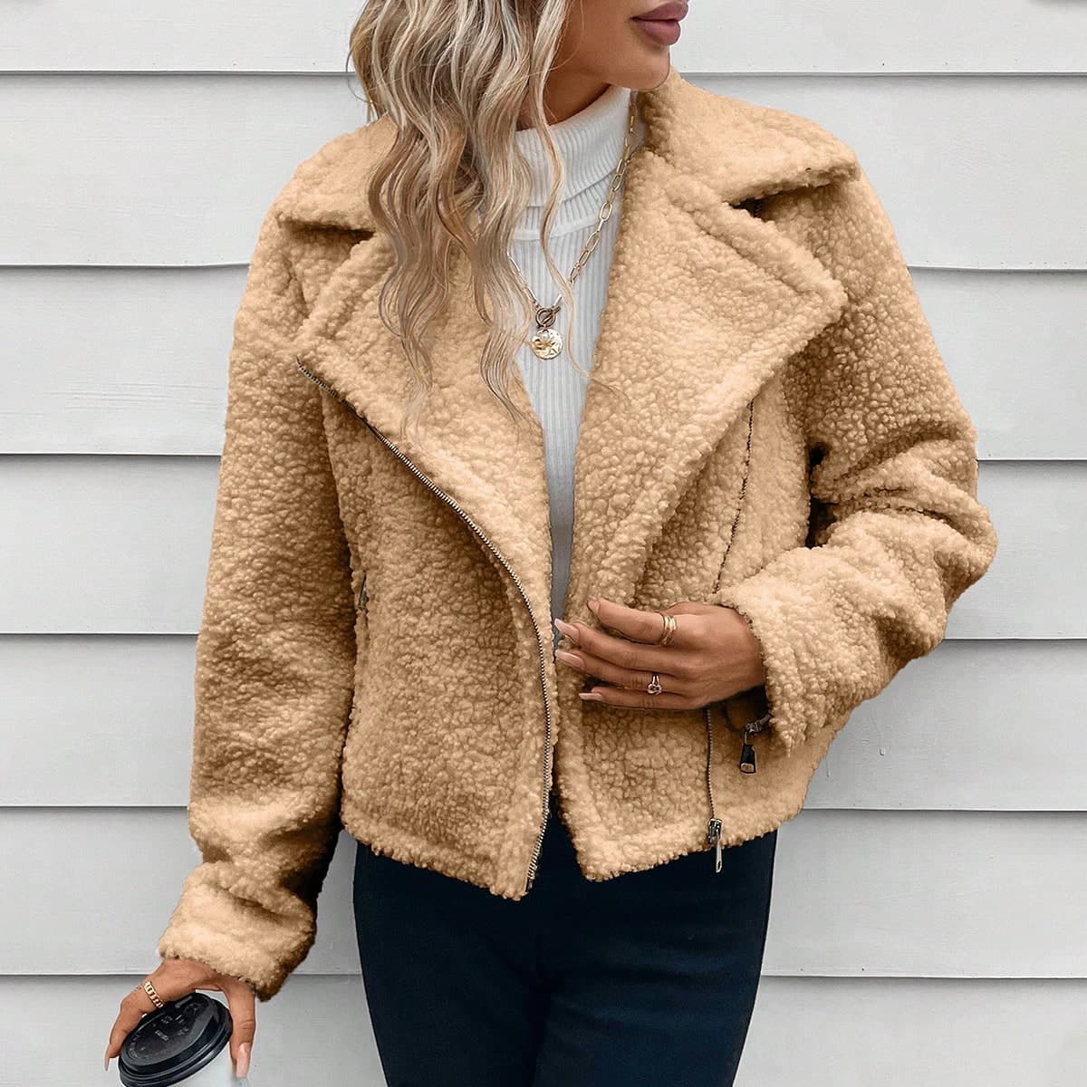 Perfecto Col À Revers Zippé En Tissu Duveteux