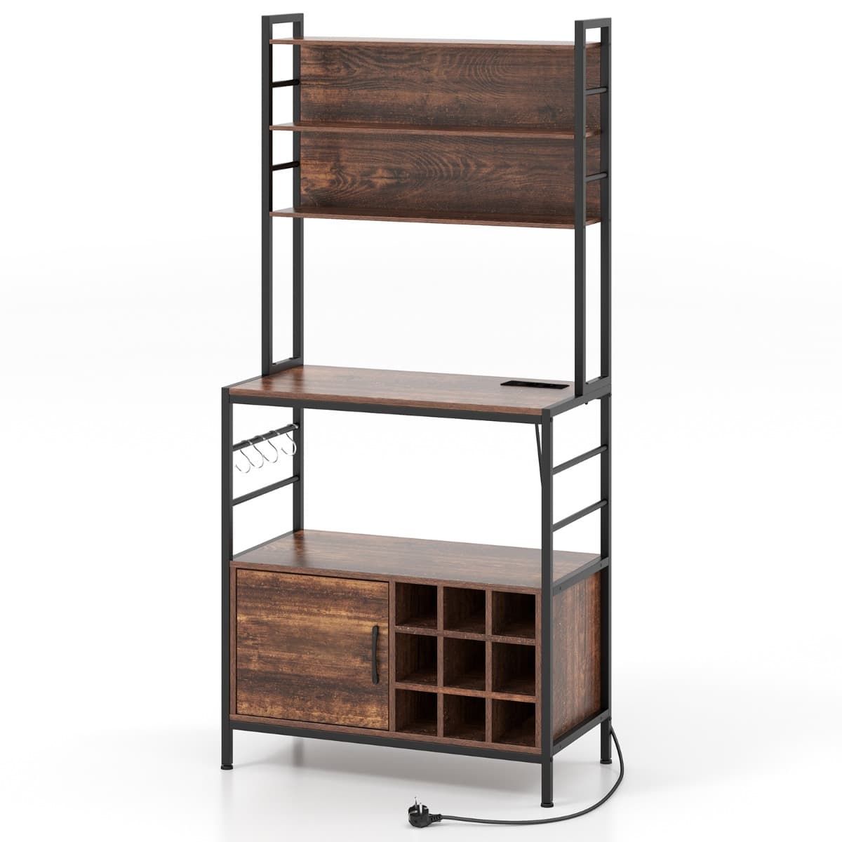 CostwayÉtagère de Cuisine avec Prises de Courant Armoire de Bar à Café avec Crochets Porte-Bouteilles de Vin Cadre en Métal Brun Rustique