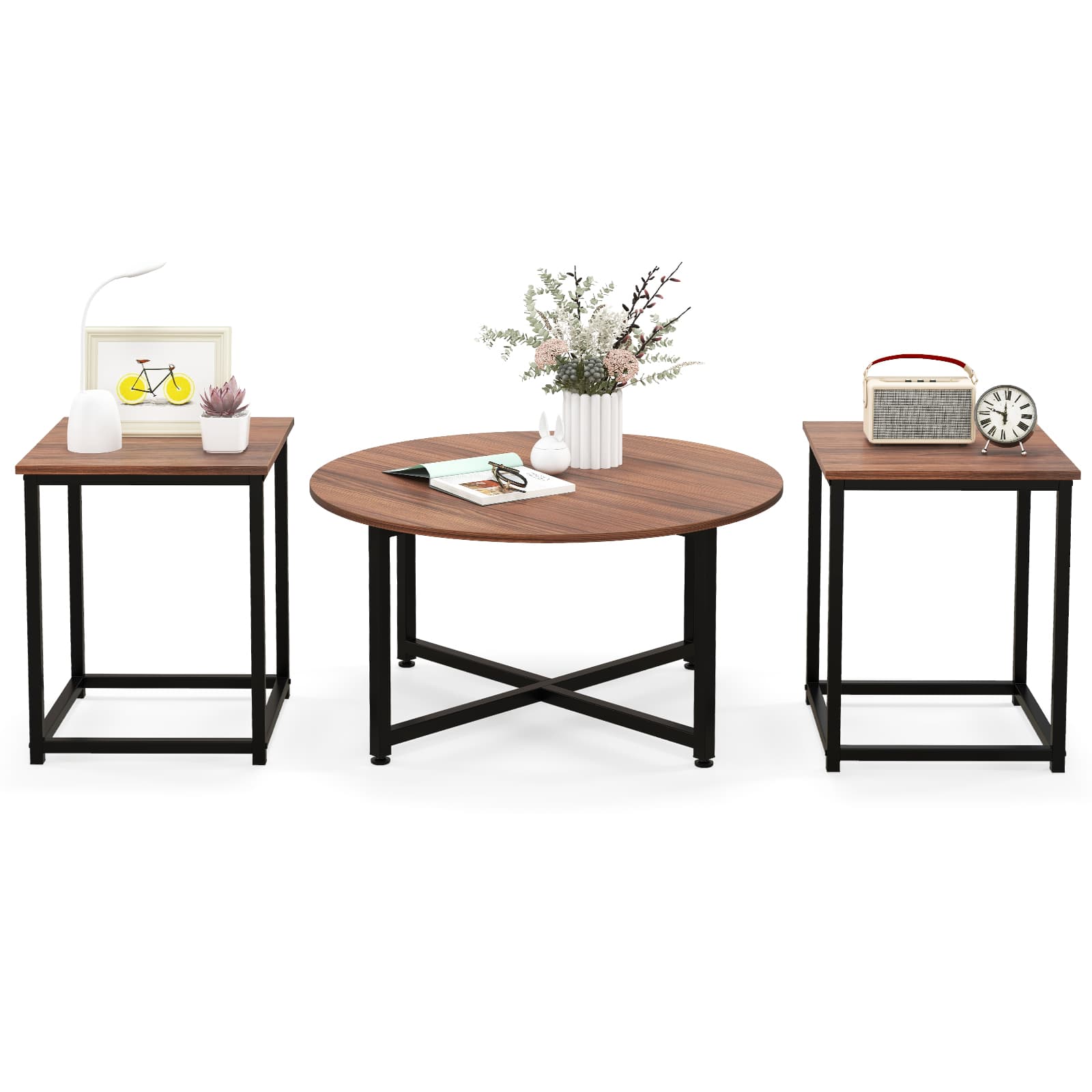 Ensemble de Tables Basses 3 Pièces Table Ronde et 2 Tables d'Appoint Carrées avec Cadre en Métal Rob
